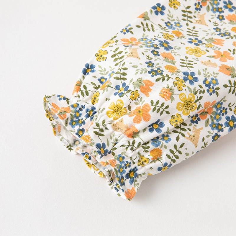 Flower Sea Girl Two piece Floral Contrast Collar Top & Ribbon Detail Pants Set   0cm