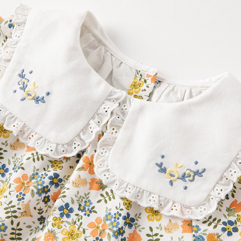 Flower Sea Girl Two piece Floral Contrast Collar Top & Ribbon Detail Pants Set   0cm