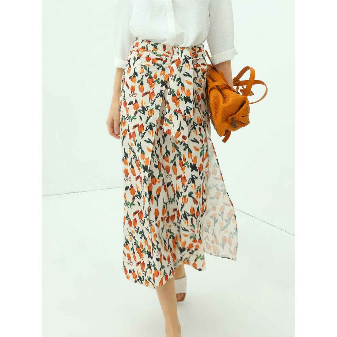 Flower Yard Tie-waist Orange Wrap Skirt - 0cm