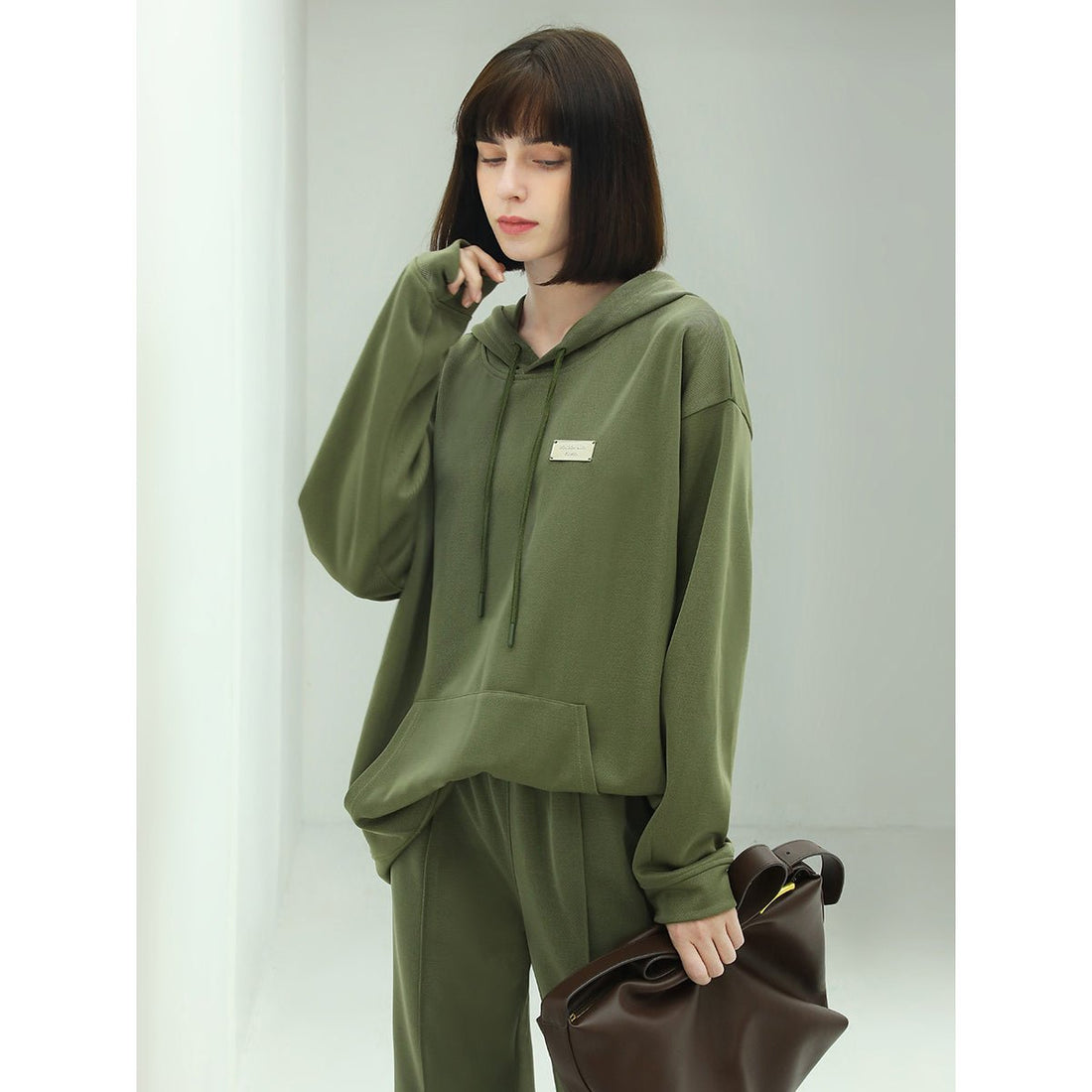 Fluid Metal Tag Detail Green Hooded Sweater - 0cm