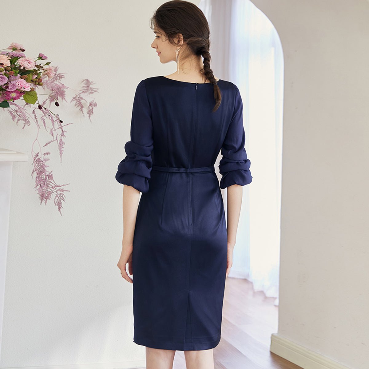 Formal Knee Length Pencil Dress in Navy Blue   0cm