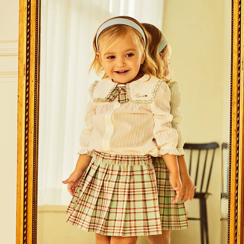 Fresh Spring Girl Two piece White Creased Effect Shirt & Pleated Plaid Skirt Set   0cm