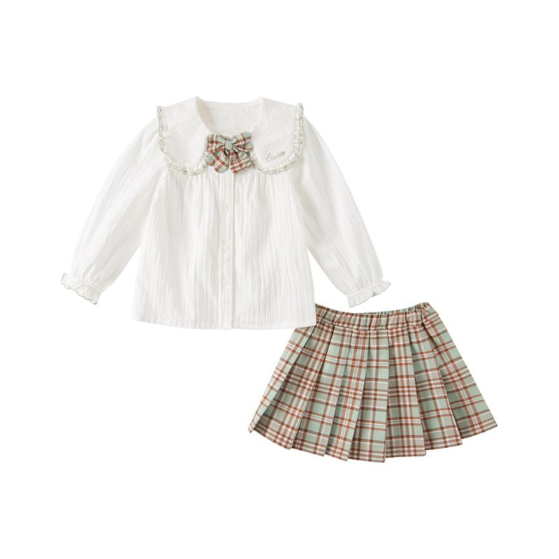 Fresh Spring Girl Two piece White Creased Effect Shirt & Pleated Plaid Skirt Set