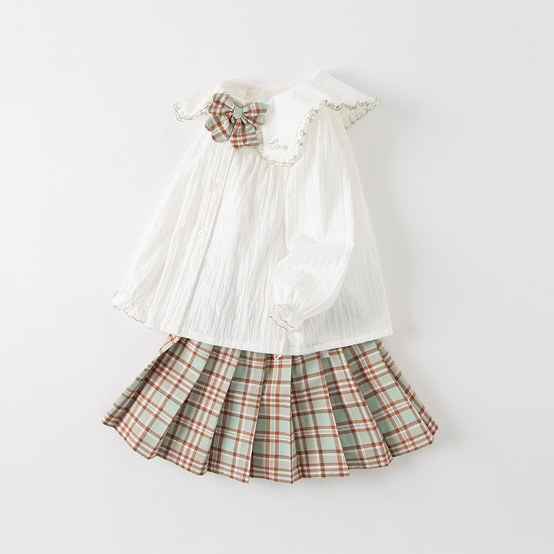 Fresh Spring Girl Two piece White Creased Effect Shirt & Pleated Plaid Skirt Set   0cm