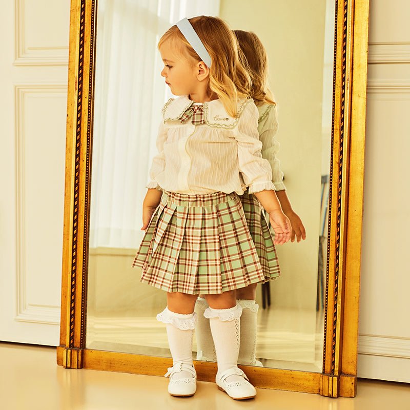 Fresh Spring Girl Two piece White Creased Effect Shirt & Pleated Plaid Skirt Set   0cm