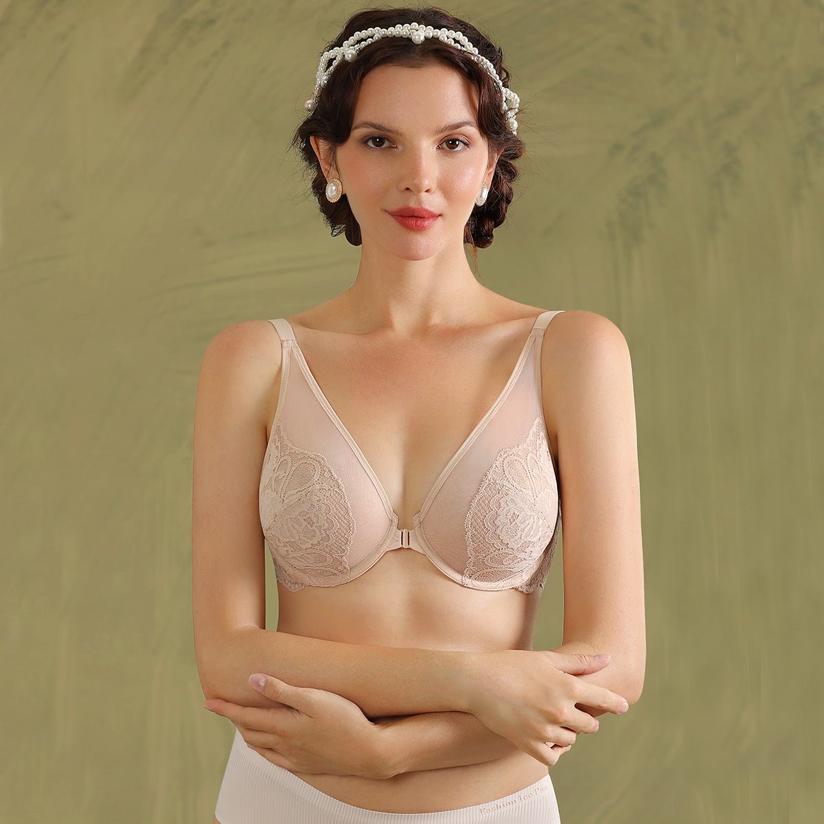 Front Closure Lace Plunge Sexy See through Minimizer Underwire Nude Bra