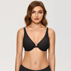 Front Closure Underwire Unlined Plunge Comfort Black Full Figure Bra