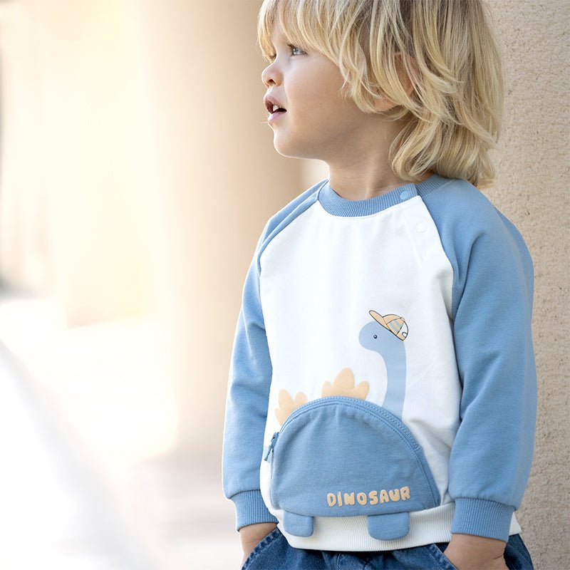 Front Zip Dinosaur Purse Boy Long Sleeve Blue Sweater   0cm