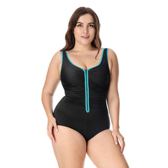 Front Zipper Tummy Control Plus Size Blue One Piece Swimsuit