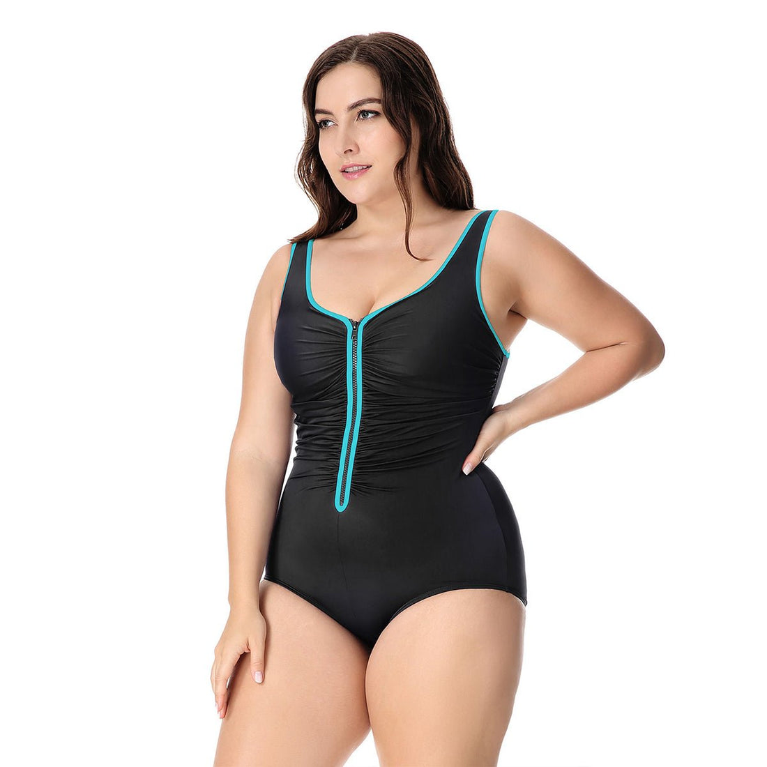 Front Zipper Tummy Control Plus Size Blue One Piece Swimsuit - 0cm