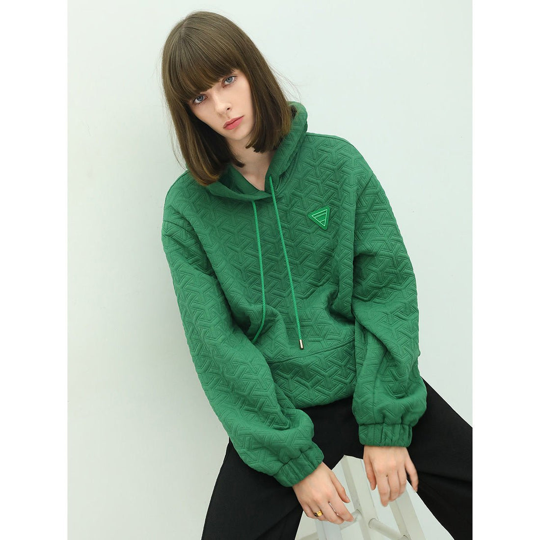 Geometry Jacquard Puff Sleeve Green Hooded Sweater - 0cm