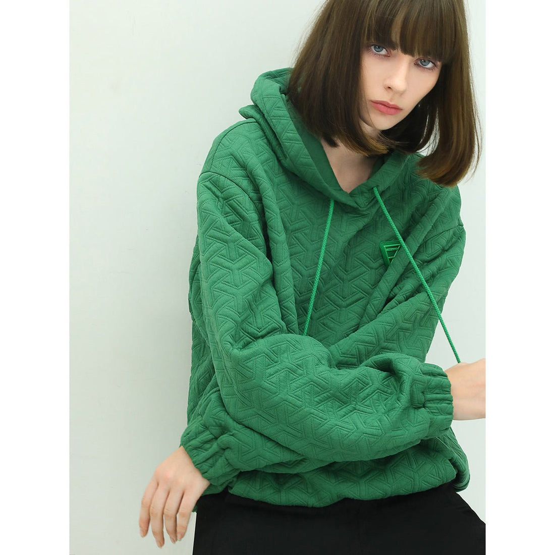 Geometry Jacquard Puff Sleeve Green Hooded Sweater - 0cm