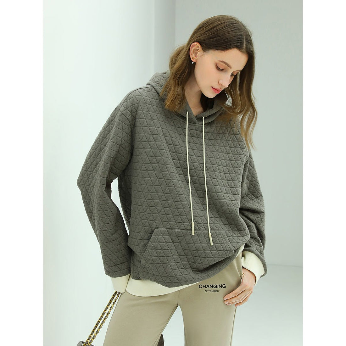 Geometry Quilted Fake Two-piece Grey Hooded Sweater - 0cm