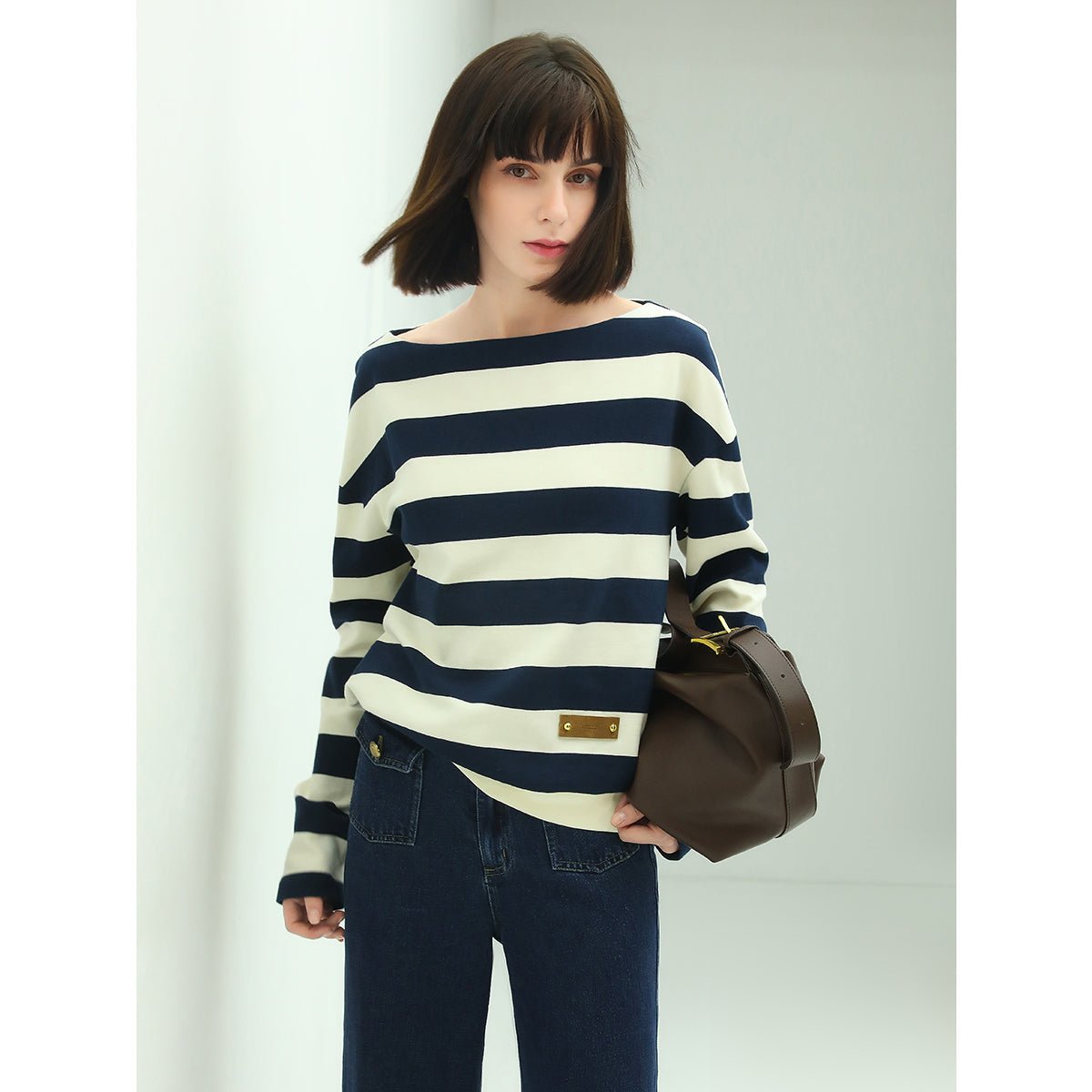 Goodwill Boat Shoulder Logo Patch Long-sleeve Knitted Stripe Tee - 0cm