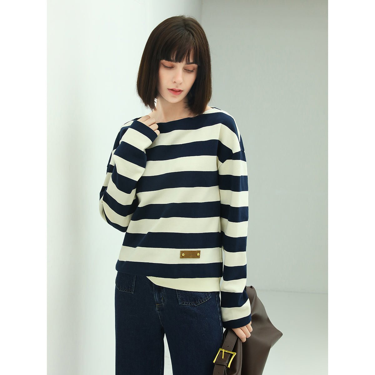 Goodwill Boat Shoulder Logo Patch Long-sleeve Knitted Stripe Tee - 0cm