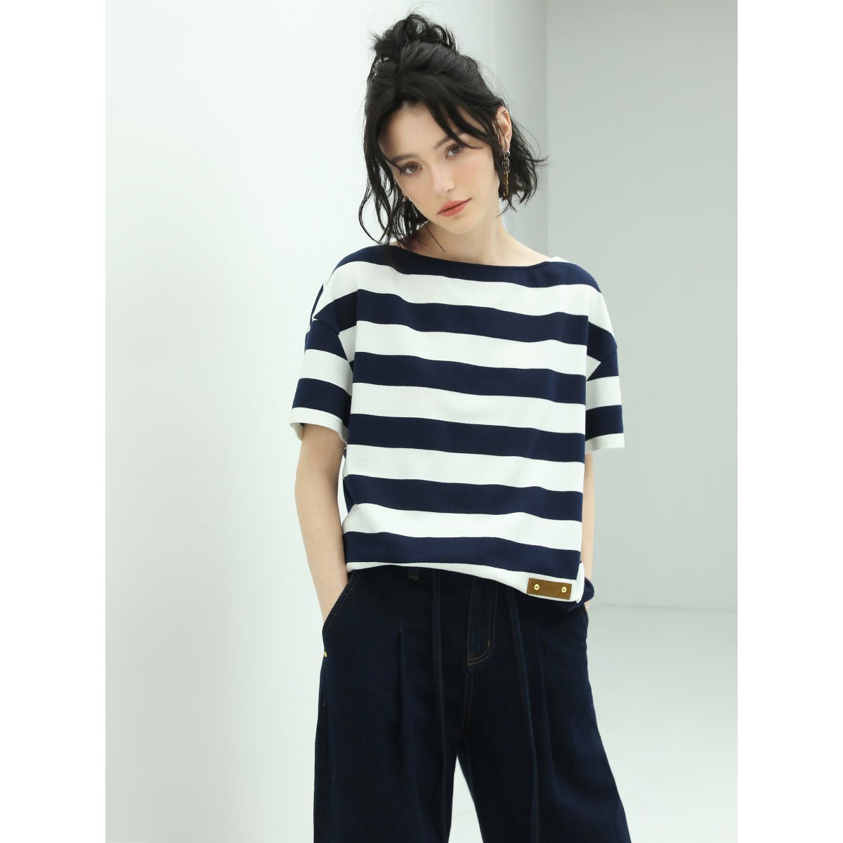 Goodwill Boat Shoulder Logo Patch Short-sleeve Knitted Stripe Tee - 0cm