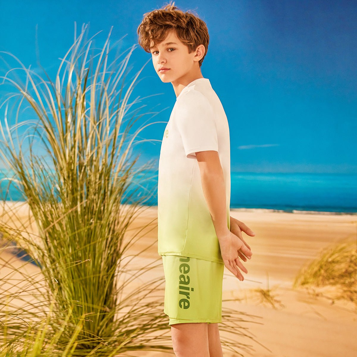 Gradient Logo Featured Boy Green Two Piece Tankini Set   0cm