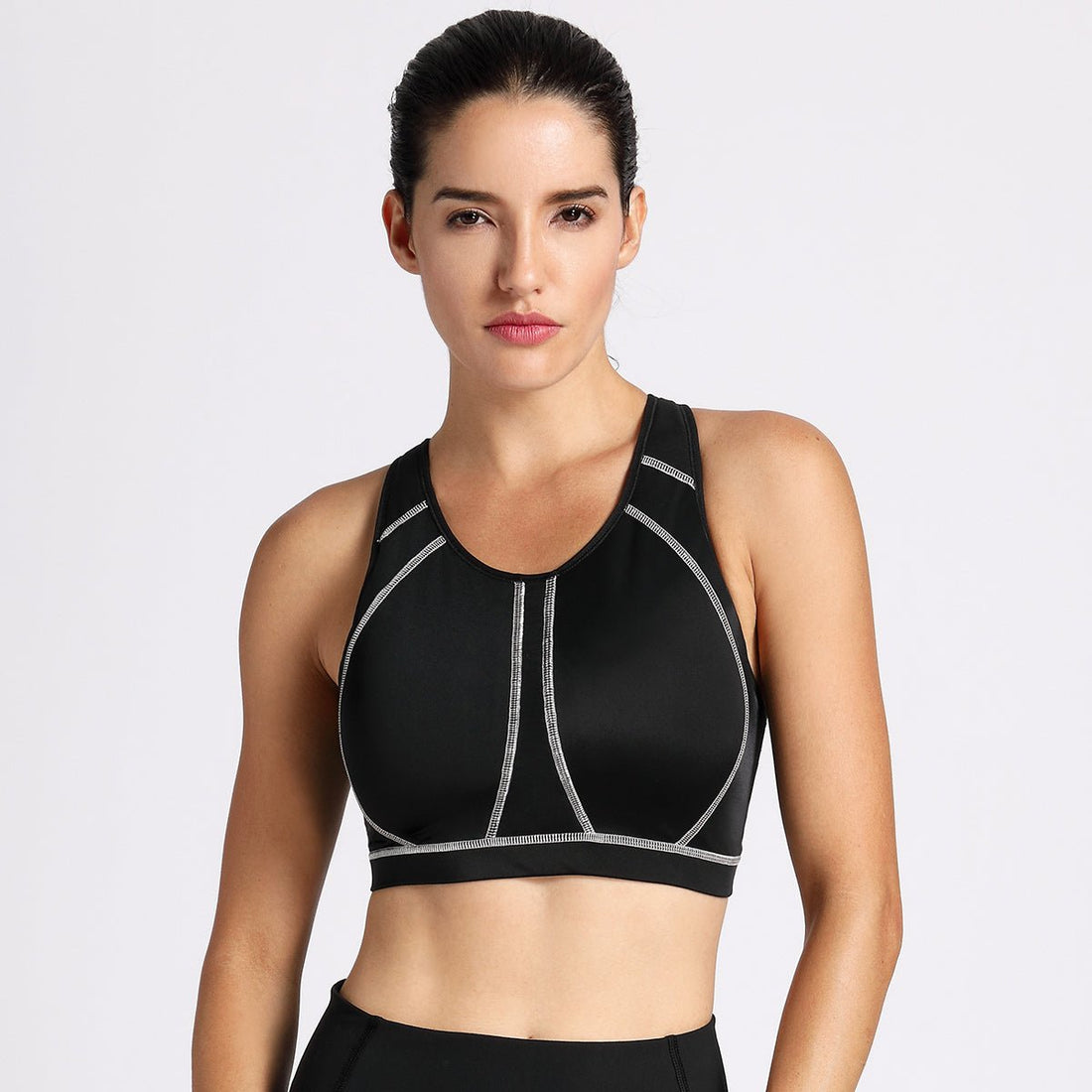High Neck High Impact Racerback Wirefree Full Coverage Padded Supportive Black Sports Bra - 0cm