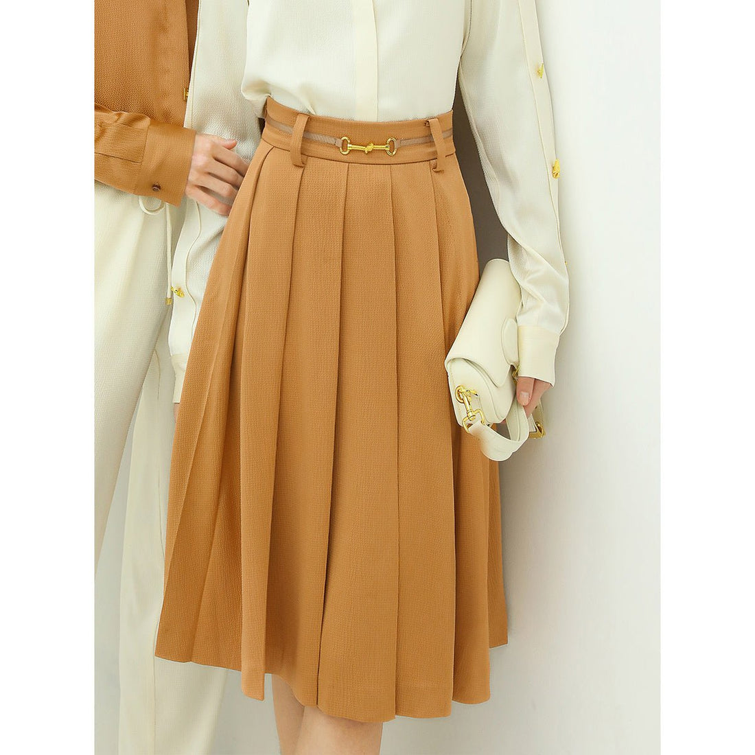High Waist Chain Deco Pleat Brown Skirt