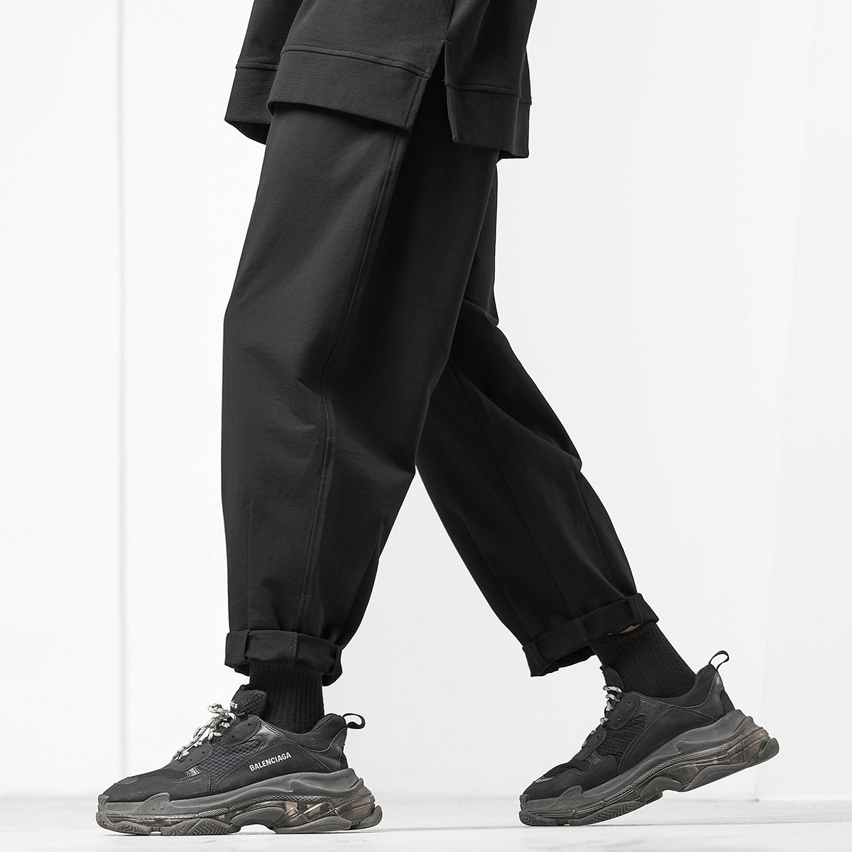 High Waist Drawstring Plain Loose Fit Black Sweatpants   0cm