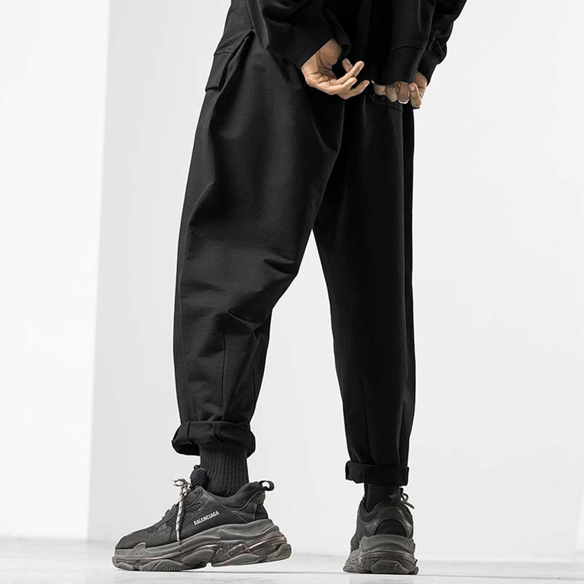 High Waist Drawstring Plain Loose Fit Black Sweatpants - 0cm