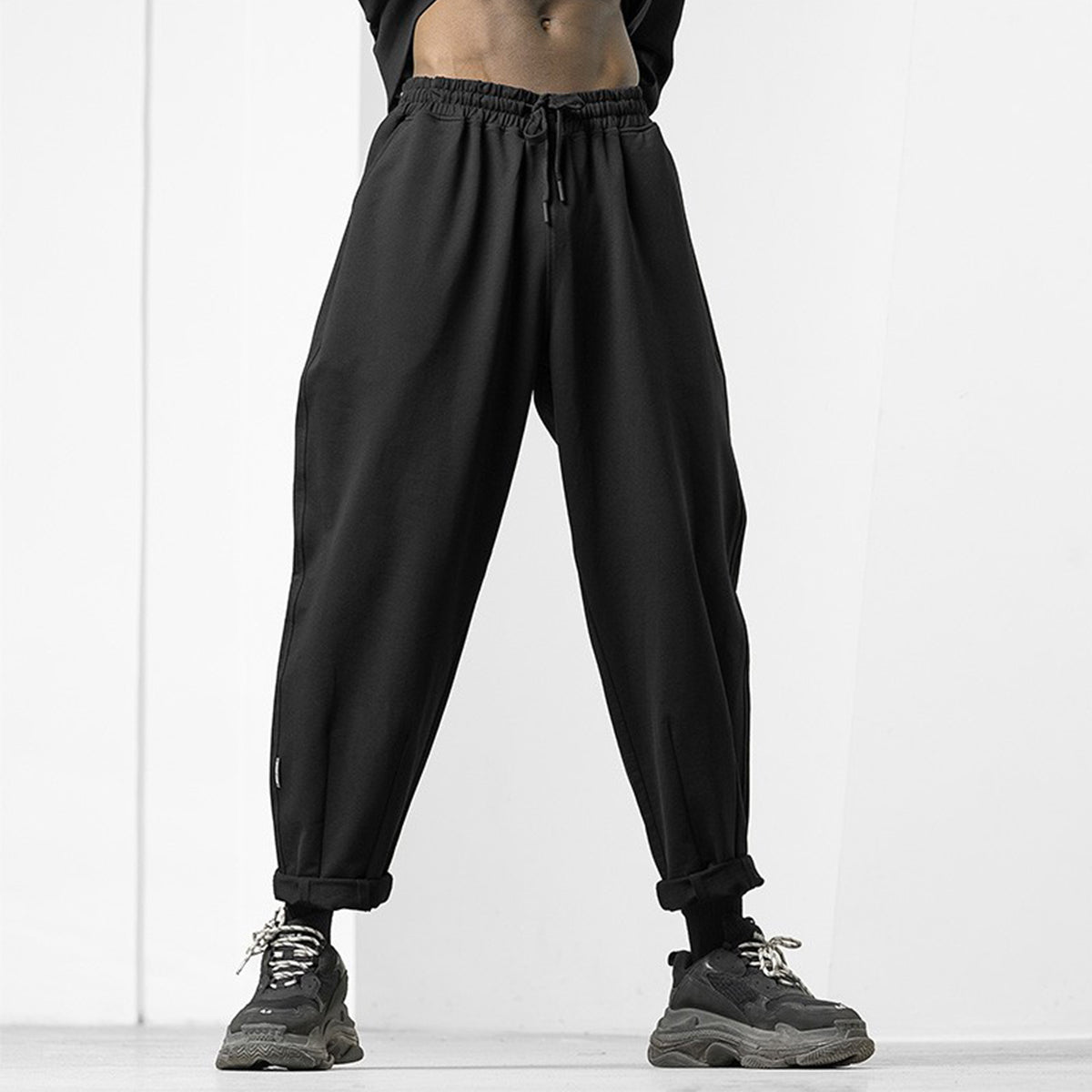 High Waist Drawstring Plain Loose Fit Black Sweatpants   0cm