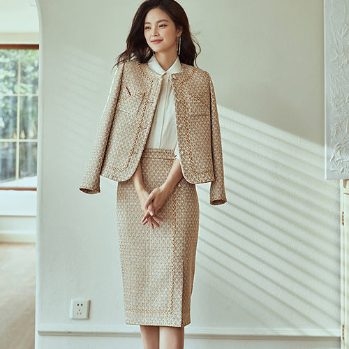 Khaki Two Piece Jacket and Skirt Set   0cm