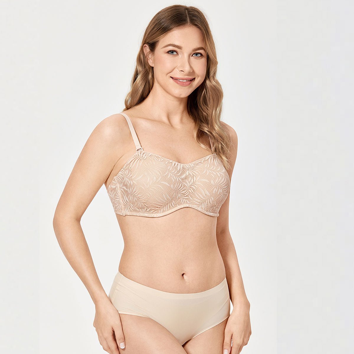 Lace Overlay Minimizer Underwire Beige Bra   0cm
