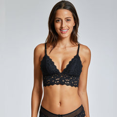 Lace Padded Bralette Plunge Wireless Black Longline Bra