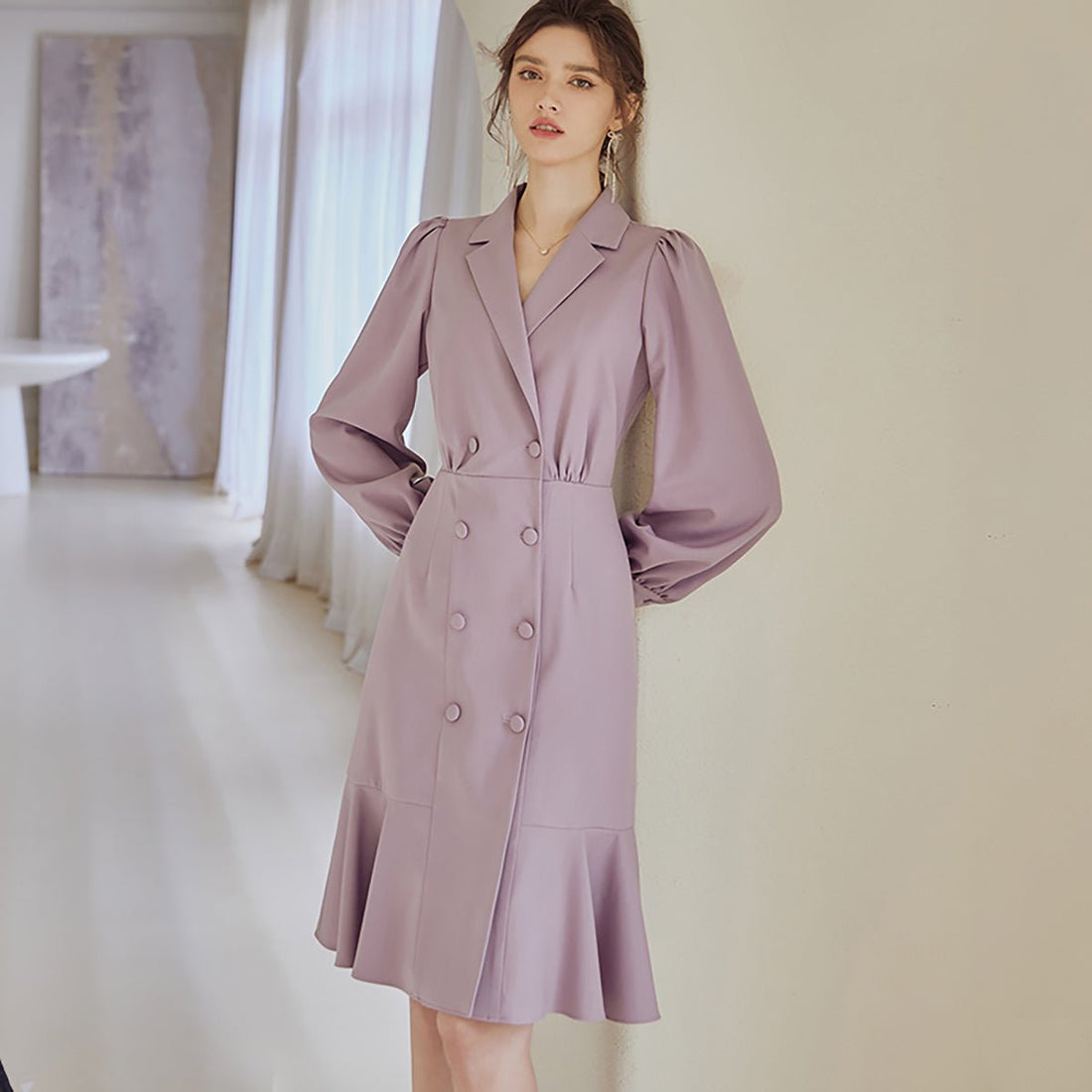 Lapel Double-Breasted Lilac Dress - 0cm