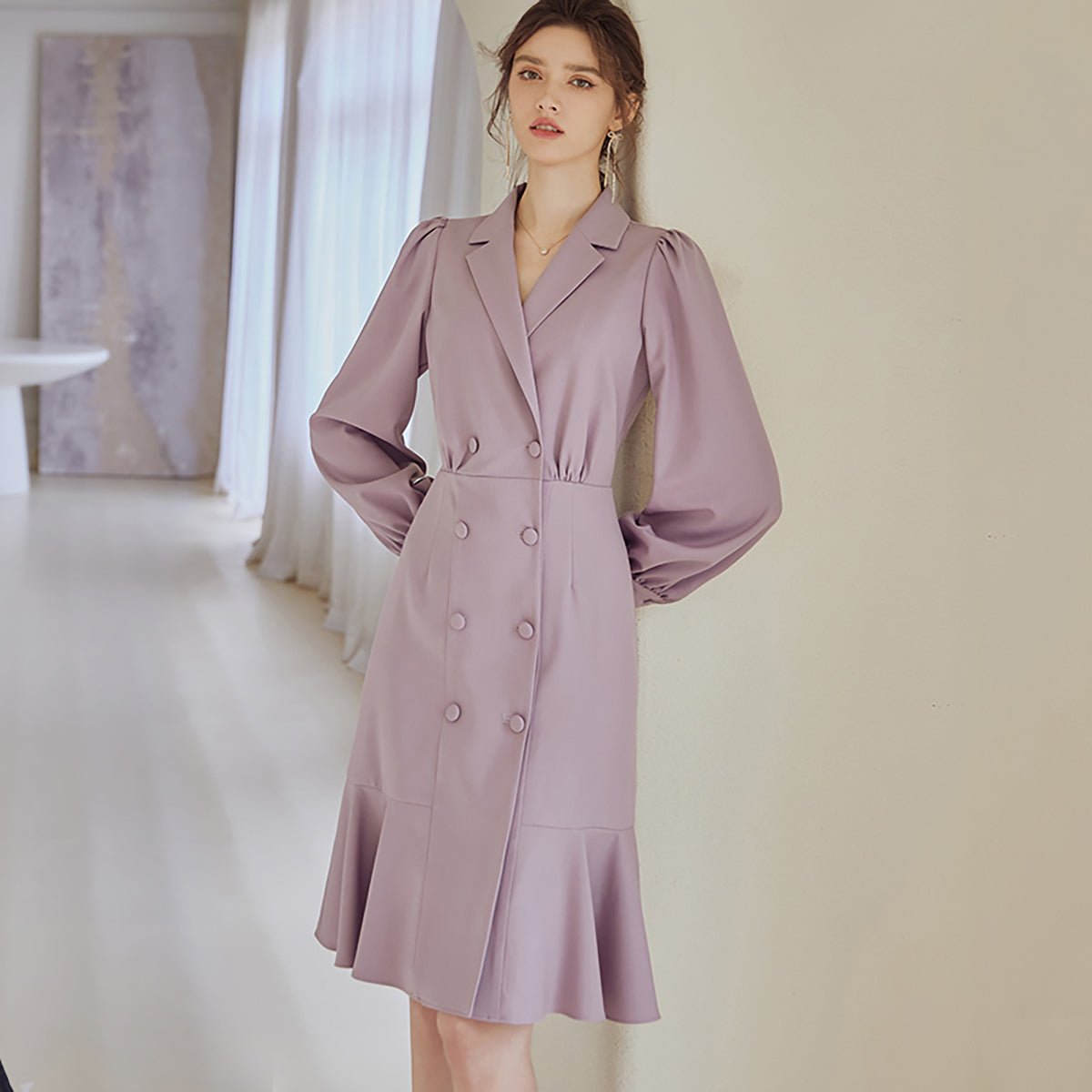 Lapel Double Breasted Lilac Dress   0cm