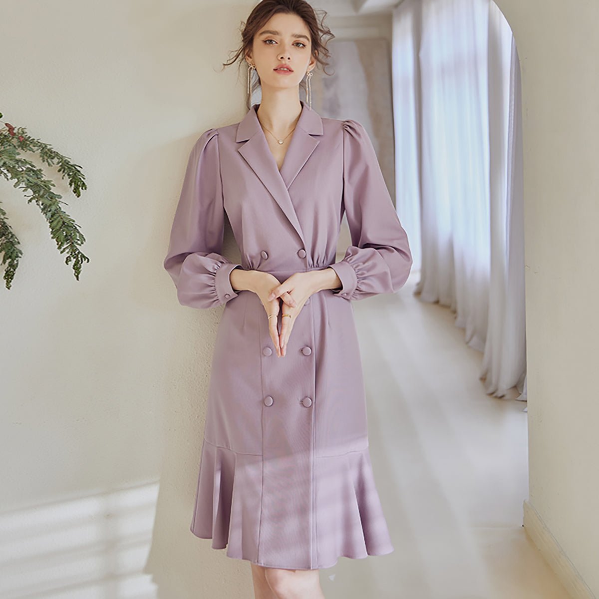 Lapel Double Breasted Lilac Dress   0cm