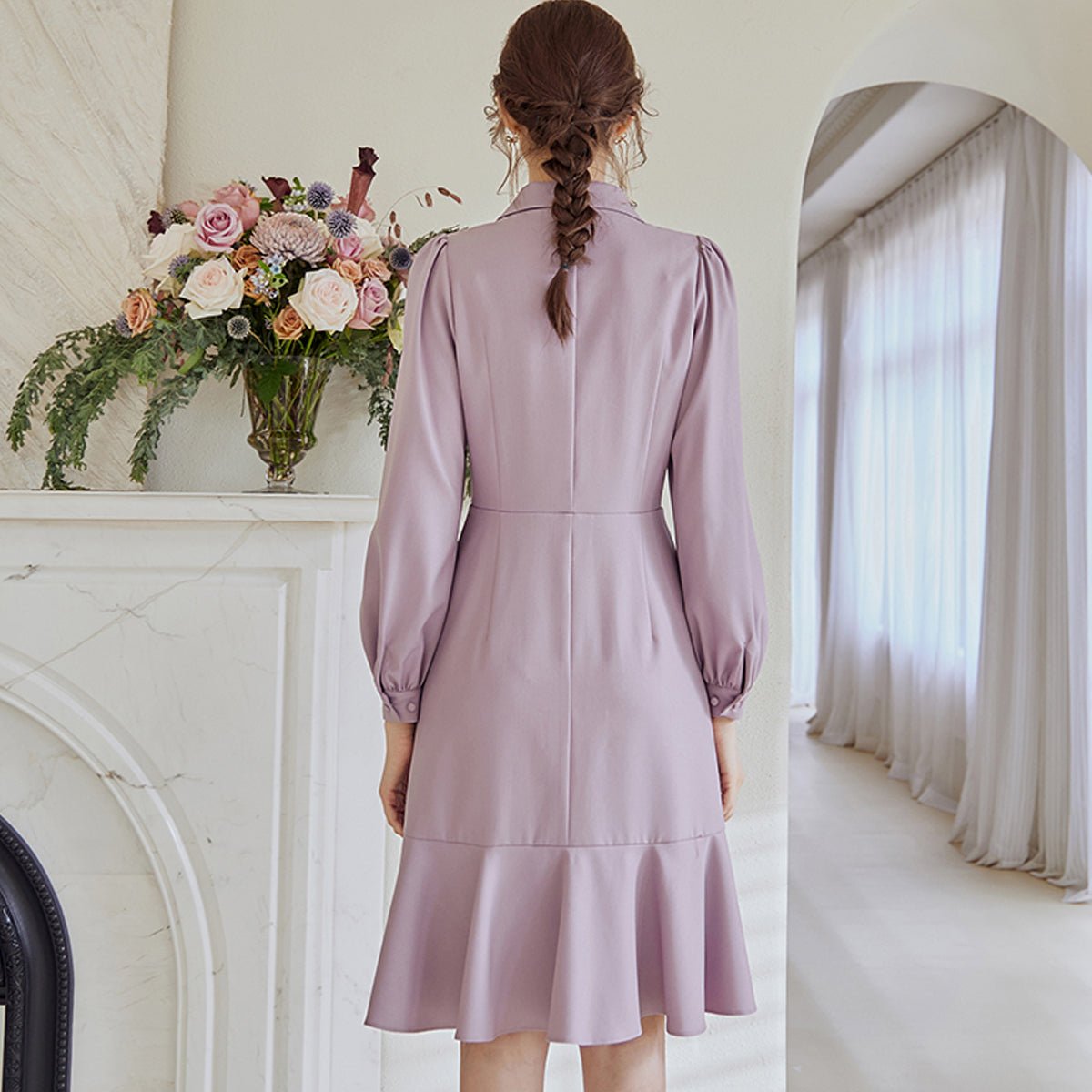 Lapel Double Breasted Lilac Dress   0cm