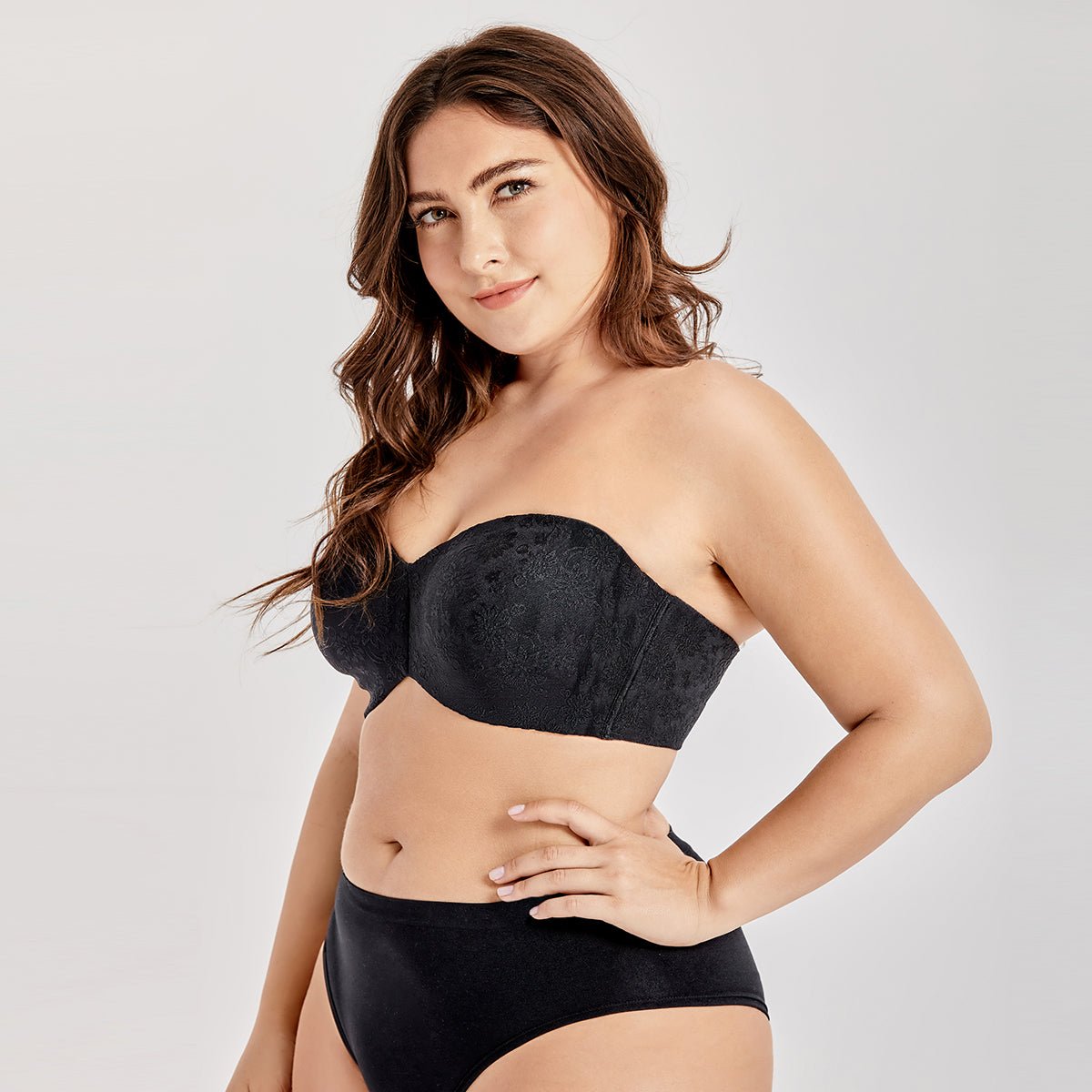 Large Bust Minimizer Strapless Underwire Non Padded Black Jacquard Bra   0cm