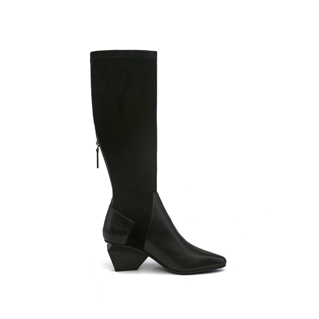Leather Patchwork Knee Length Slim Fit Diamond Heeled Black Boots