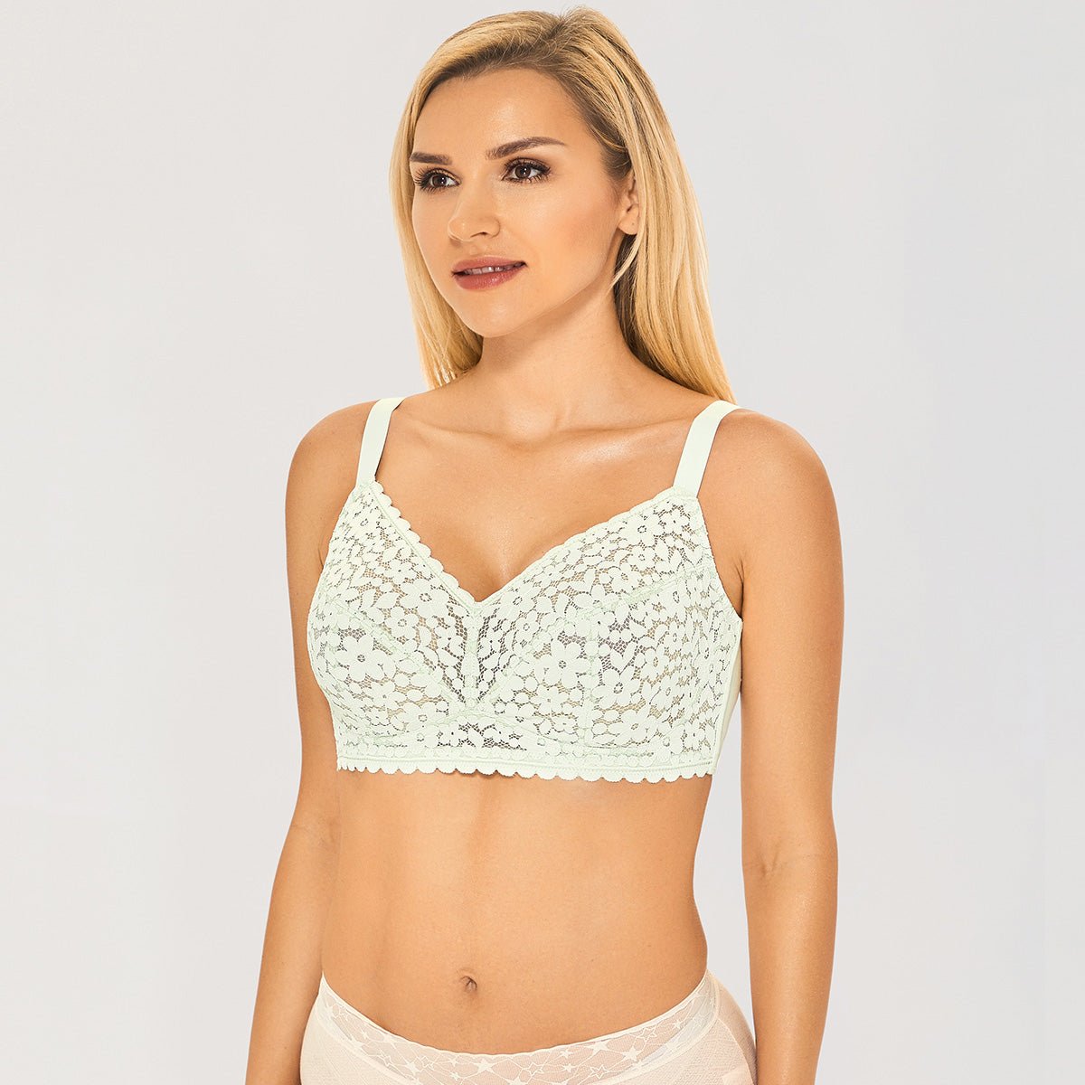 Long day Wearing Minimizer Unlined Wireless Floral Lace Green Bra   0cm