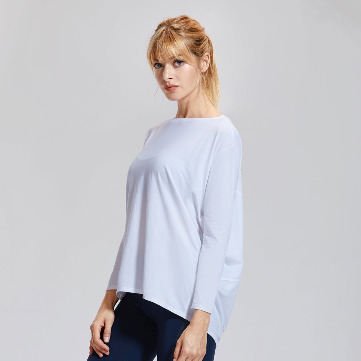 Long Sleeve Loose Fit Pima Cotton White Active Top   0cm