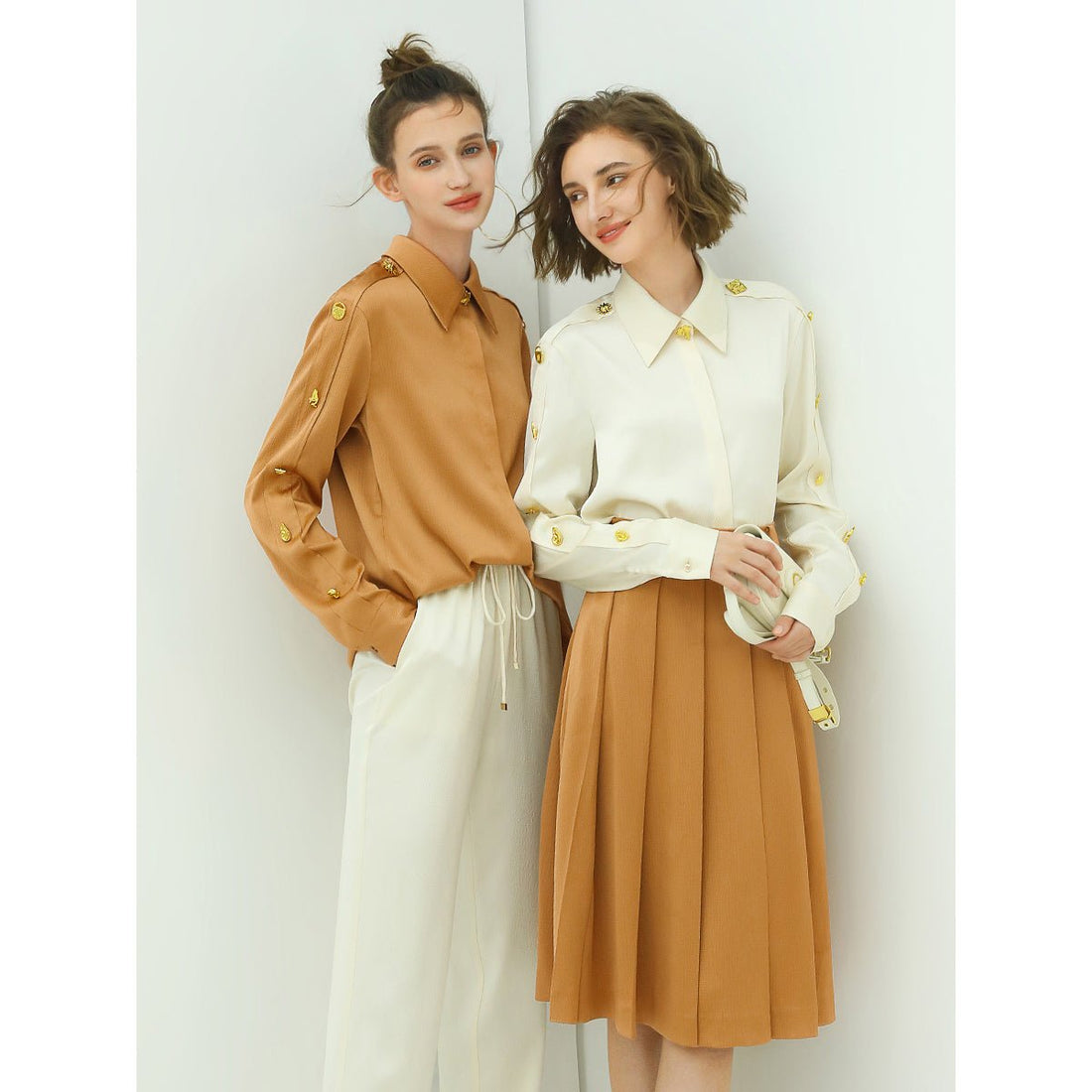 Luxe Jewel Deco Sleeve Brown Silky Shirt