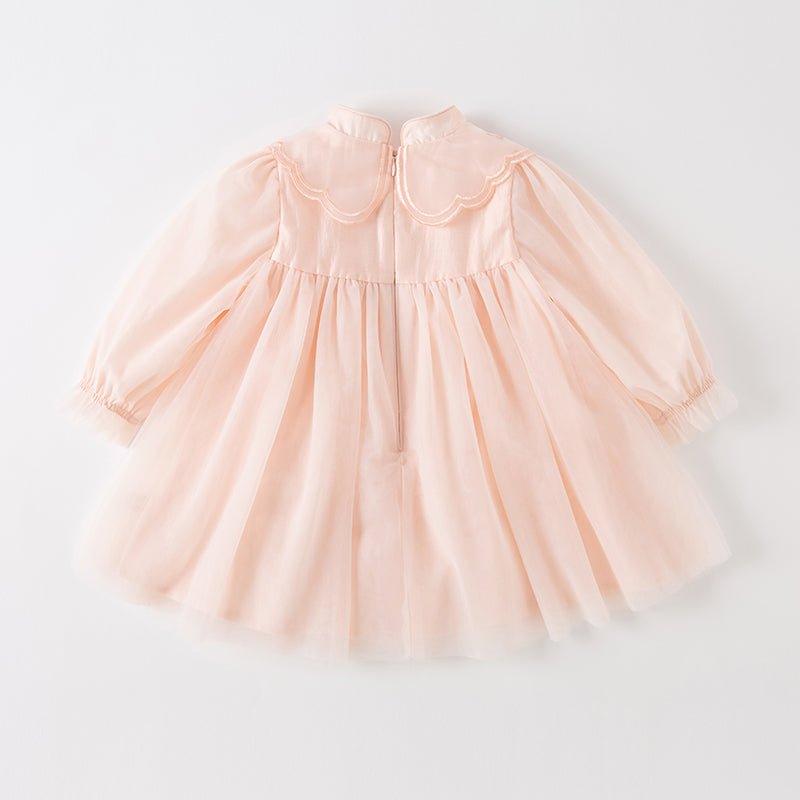 Mandarin Collar Flower Embroidery Girl Sheer Mesh Pink Dress - 0cm
