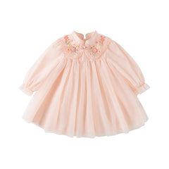 Mandarin Collar Flower Embroidery Girl Sheer Mesh Pink Dress