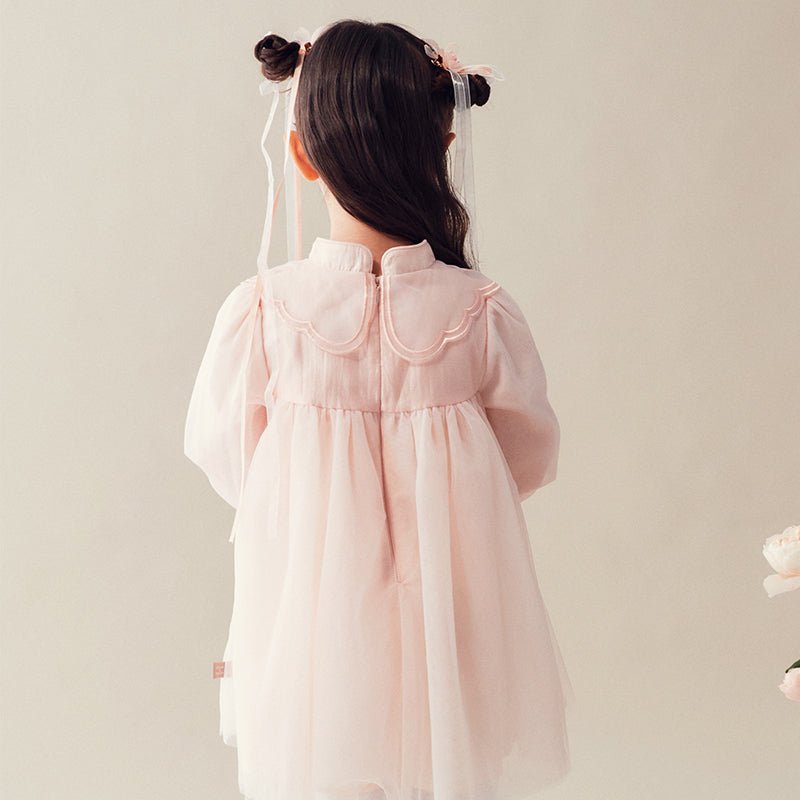 Mandarin Collar Flower Embroidery Girl Sheer Mesh Pink Dress   0cm