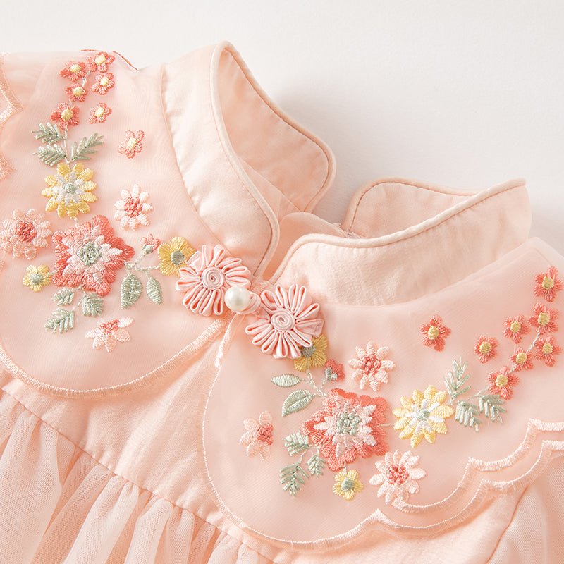Mandarin Collar Flower Embroidery Girl Sheer Mesh Pink Dress   0cm
