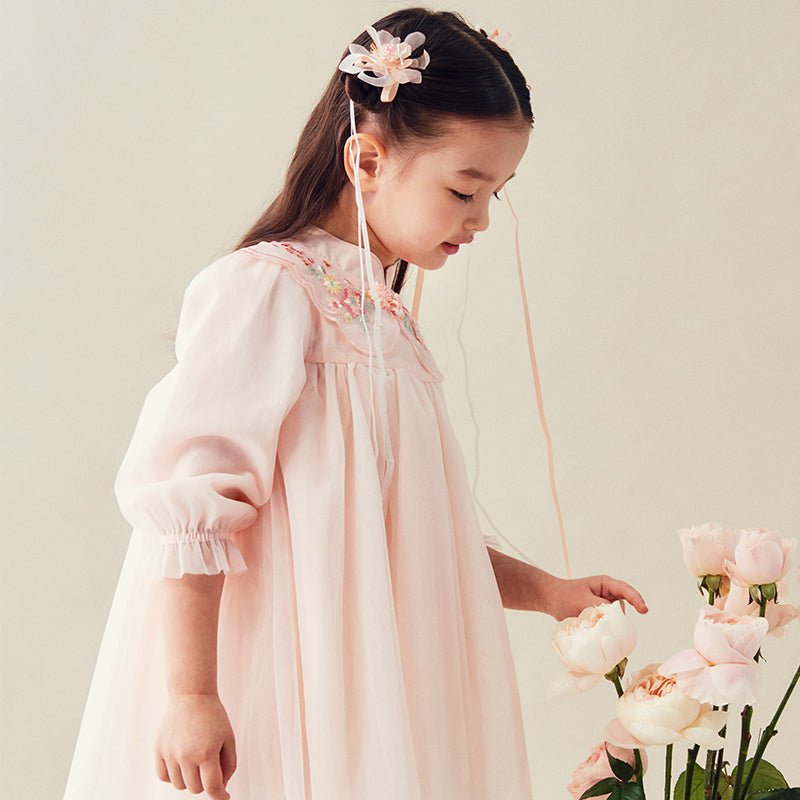 Mandarin Collar Flower Embroidery Girl Sheer Mesh Pink Dress   0cm