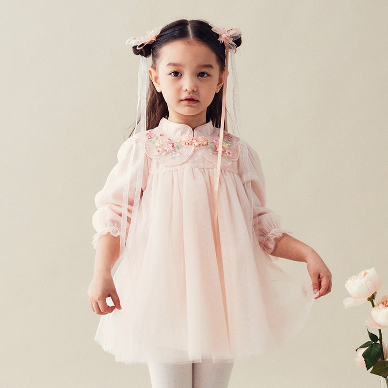 Mandarin Collar Flower Embroidery Girl Sheer Mesh Pink Dress - 0cm