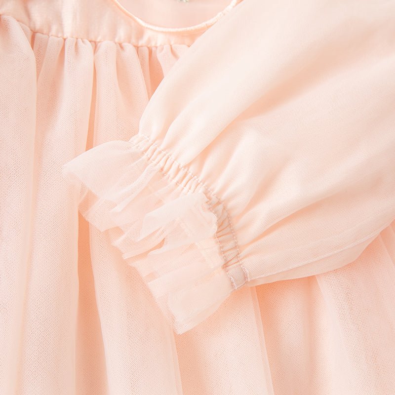 Mandarin Collar Flower Embroidery Girl Sheer Mesh Pink Dress   0cm