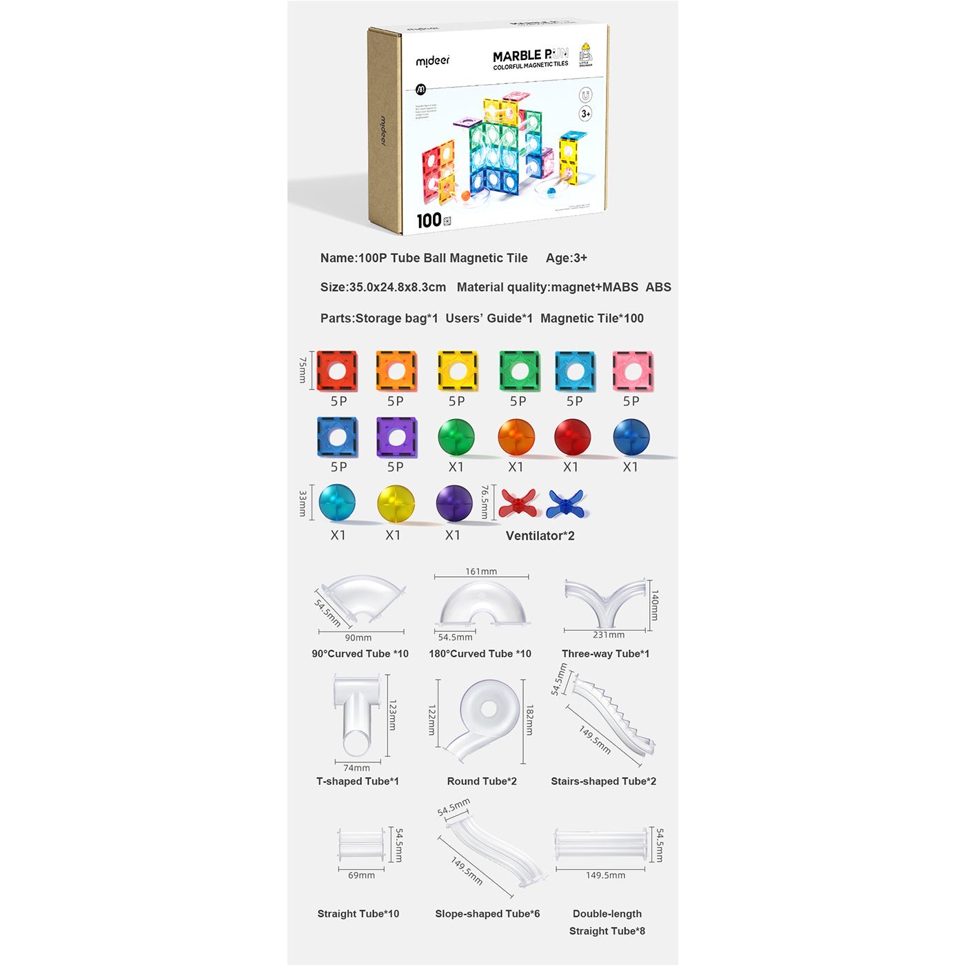 Marble Run 100pcs Colorful Magnetic Tiles - 0cm