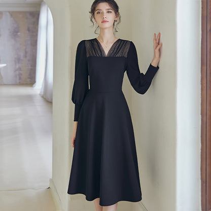 Mesh Detail Full-Sleeved Black Dress - 0cm