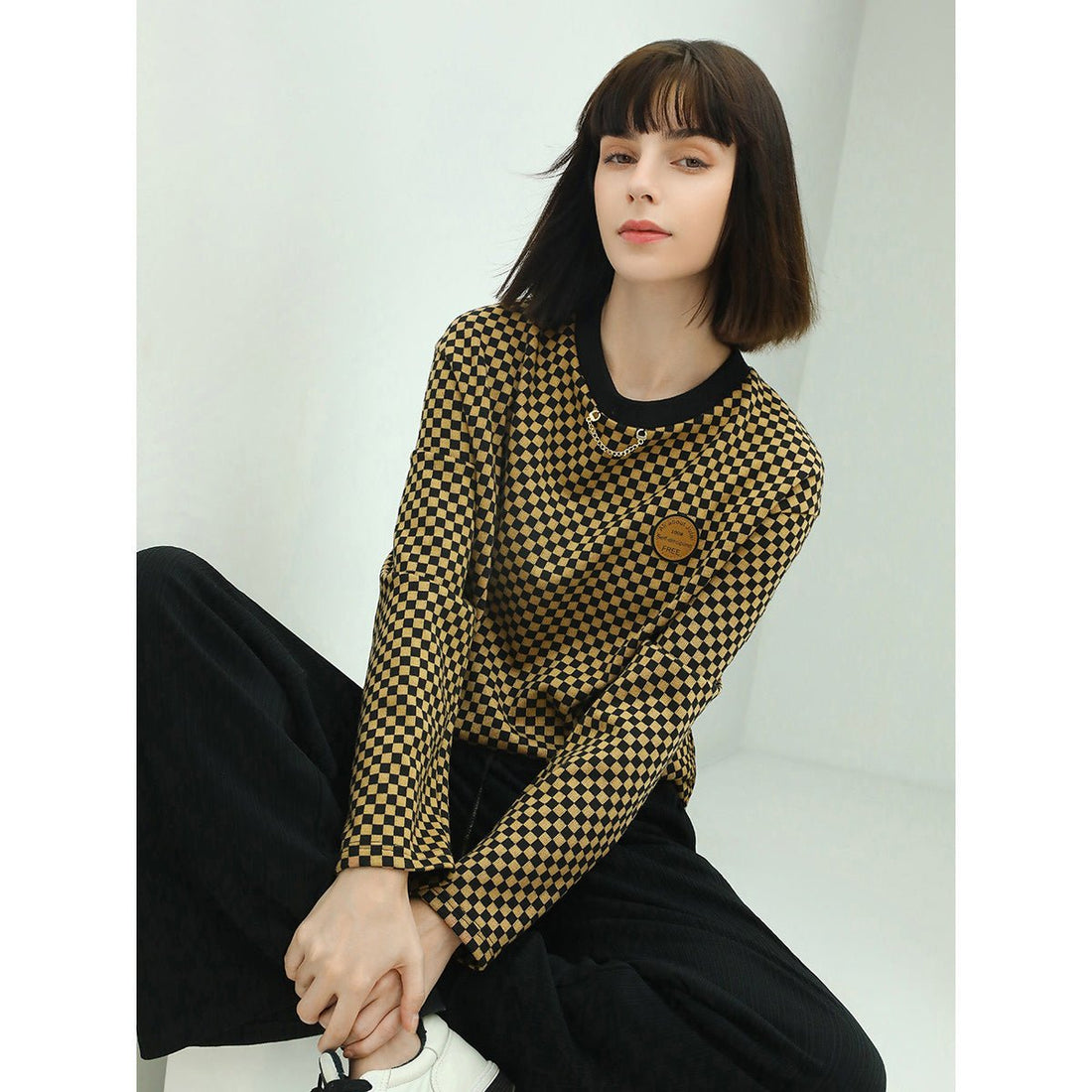Mini Chain Jacquard Grid Relaxed-fit Brown Sweater - 0cm