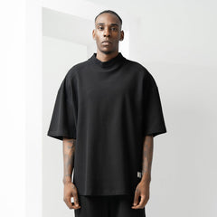 Mock Neck Waffle Textured Heavyweight Black Tee