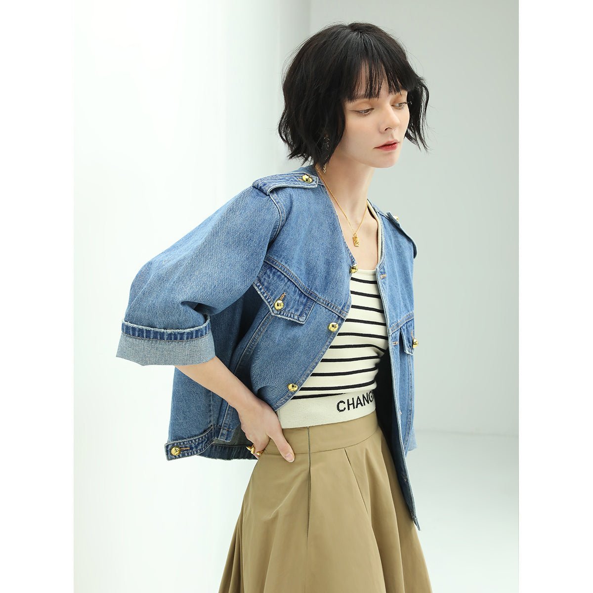 Modern Army Bleached Pure Collar Button-up Blue Cropped Denim Jacket - 0cm